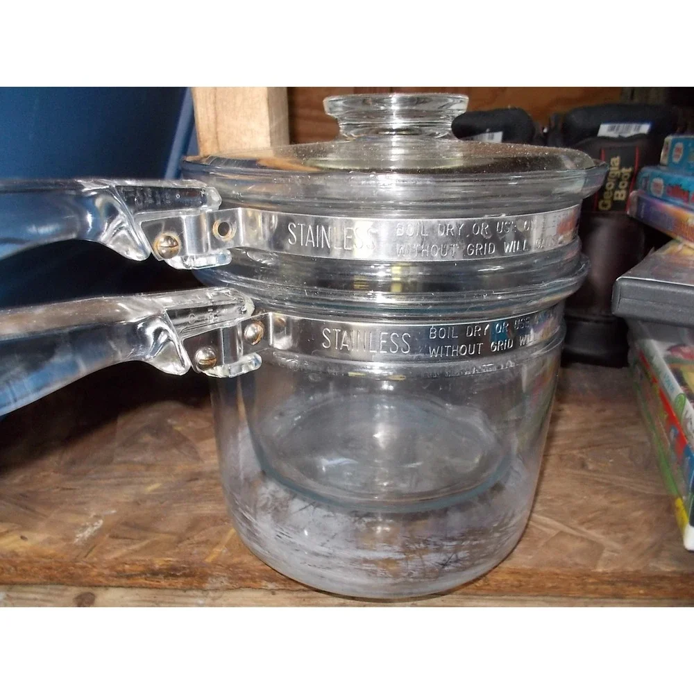 Vintage Pyrex Visions Clear Glass Double Boiler 1.5 Qt Pot 1 Qt Insert Lid